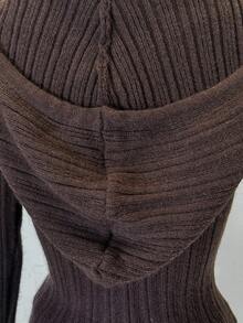 Jeanoix Y2K Hooded Deep V-Neck Knit Top, Spring Women's Elbow-Sleeve Sweater - Brown - View 6