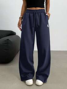 SHEIN Teen Girls Casual Loose Fit Low Waist Elastic Waistband Wide Leg Sweatpants, Versatile For Spring, Summer, Autumn, Winter - Navy Blue - View 7