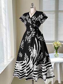Rometta Plus Size Elegant Leaf Print Waist Cinched Dress, Summer Black And White Leaf Print Dress Black And White Floral Dress Vintage Style Dress Black And White Dress Women - Black - View 11