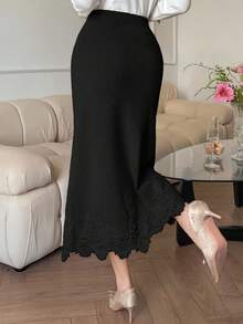 DAZY Chân váy dệt kim phối ren màu trơn dáng casual dành cho nữ - màu đen - Xem 2