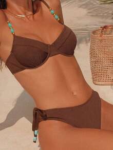 Swim Chiccia Women Solid Side Tie Beaded Waist Bikini Bottom - Coffee Brown - View 1
