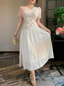 DAZY Women's Long Lace Hollow-Out Puff Sleeve V-Neck Waist Cinched Dress - Apricot - View 5