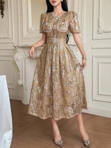 DAZY 优雅高端蕾丝连衣裙，系带收腰刺绣设计，柔美韩式优雅清爽夏日连衣裙 - 杏色 - 查看 2