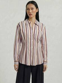Ontre 2026 Chemise Femme Printemps/Été, Tissu Tissé à Rayures, Style Décontracté Chic de Bureau, Design Taille en Tissu Rayé Rose, Col Châle Manche Longue Devant Plaquette Urbain Minimaliste Élégant Style Rétro, Blouse Femme Polyvalente à la Mode - Rose bonbon - Voir 4