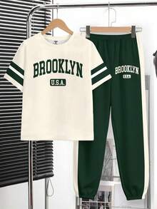 Tween Boy New Casual Minimalist Y2K Classic Color Block English Letter Sports Style Loose Comfortable Fashion Simplistic Crew Neck Short Sleeve T-Shirt And Pants Set - Multicolor - View 2