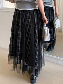 Dazy Plus 撞色拼接网纱格纹弹力腰A字长款休闲大码女裙，春夏款 - 黑色 - 查看 7