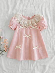SHEIN Vintaside Kids 1件女婴舒适时尚常规厚度圆领连衣裙，饰有可爱蝴蝶结，百搭基础款泡泡袖柔软连衣裙，适合夏季休闲、户外、旅行、上学和日常穿着。 - 彩色 - 查看 3