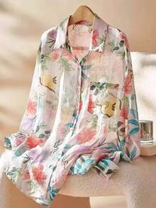 GlowEve 花卉叶子印花翻领长袖单排扣侧袋宽松薄纱女式衬衫 - 彩色 - 查看 1