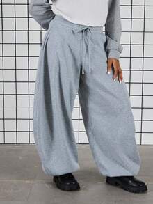 COUREZ 低腰宽松灯笼裤，缝线细节设计 / Y2K 春季女装两件套灰色运动裤休闲外出服返校夏季运动裤夏季穿搭 - 灰色 - 查看 6