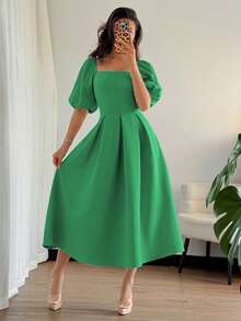 Elenzga 女士优雅简约纯色圆领荷叶边下摆A字泡泡袖短袖连衣裙，适合通勤、办公、商务、休闲、度假、下午茶、派对等场合。 - 綠色 - 查看 4