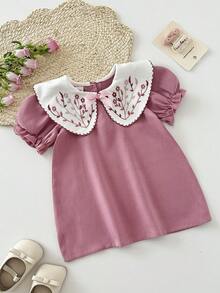 SHEIN Đầm ngắn tay phồng cổ Peter Pan thêu hoa phối ghép dễ thương cho bé gái. - Màu Hồng baby - Xem 7
