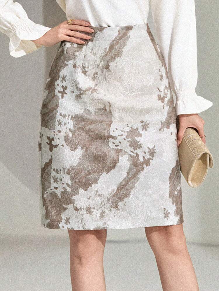 Jacquard Digital Print Straight Midi Elegant Vacation Skirt For Women, Spring/Summer
