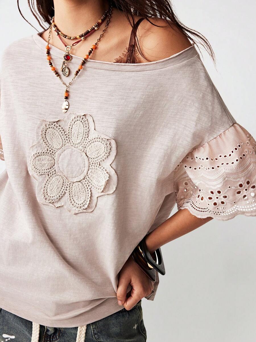 Bohemela 女士休闲纯色针织圆领短袖宽松T恤 - 粉色 - 查看 1