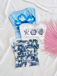 Soleia 女士花卉、贝壳及全印花无袖抹胸上衣，三件套，适合约会、海滩、邮轮、嘉年华、复活节、夏季假期、女士海滩度假、休闲场合。 - 彩色 - 查看 3