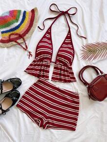 Soleia Women's Summer Vacation Striped Halter Neck Ruffle Hem Top And Shorts 2 Pieces Set - Red and White - View 7