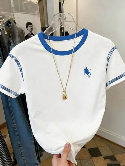 Resyla Women's Casual Colorblock Pattern Loose Fit Round Neck T-Shirt Top, Suitable For Casual Spring/Summer Wear