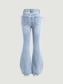 SHEIN Girlism 少女牛仔裤，带腰带环和蝴蝶结装饰，喇叭裤 - 淺色水洗藍 - 查看 2