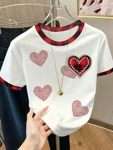 Resyla 女士休闲拼接格纹镶钻爱心图案短袖T恤，夏季 - 白色 - 查看 5