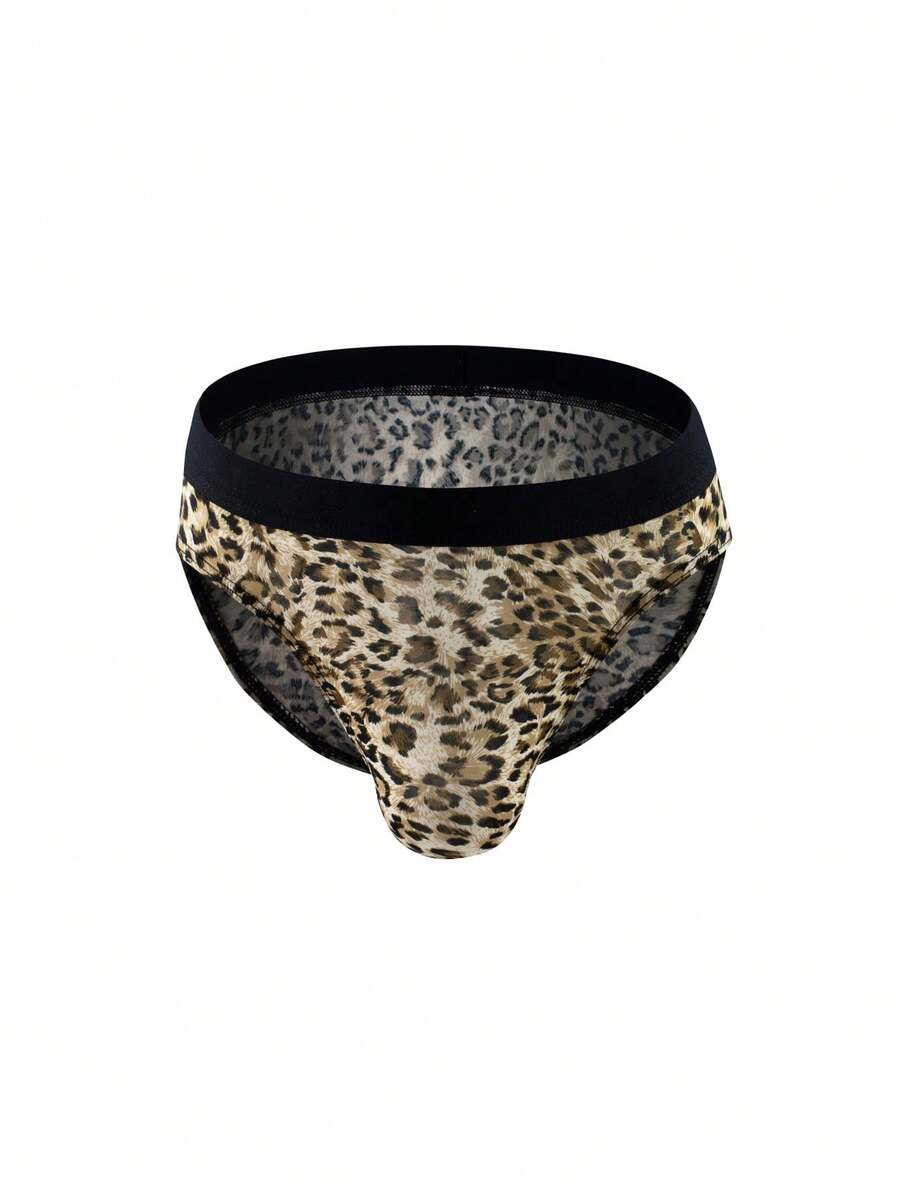 WENEZON Men's Sexy Leopard Print Contrast Tape Waist Briefs - Khaki - View 1
