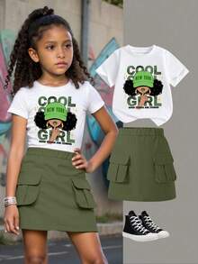 2件/套（6件）少女休闲时尚创意个性简约朋克摇滚女孩图案，卡通人物女孩喜爱，简约英文标语，舒适圆领T恤搭配迷你裙套装。6件随机发货，适合春夏穿着，轻盈舒适，秋冬叠穿的理想之选，时尚休闲穿搭，返校季、聚会、户外野餐、街头摄影、校园、节日、送礼佳品。 - 彩色 - 查看 4