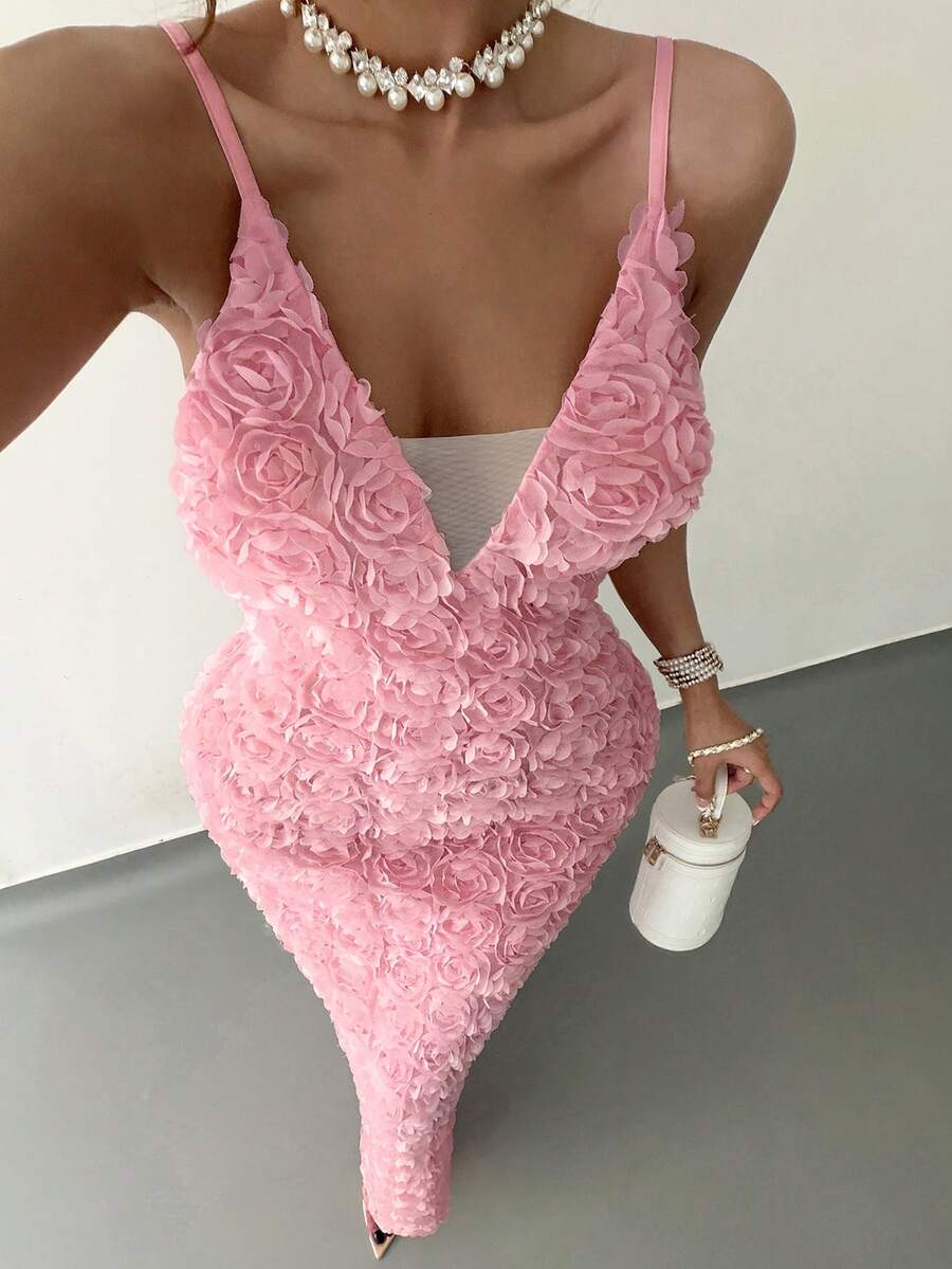 Islaluna Vestido de tirantes con abertura y aplicaciones para mujer, adecuado para el Día de San Valentín - Rosa - Ver 1