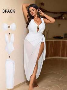 Swim Chiccia 2026 New Elegant Brown Metal Buckle Decor 3 PiecesPlus Size One-Piece Swimsuit, Can Be Worn Separately With Outfits, Suitable For Party & Vacation - White - View 8