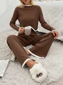 Women Rib Knit Asymmetrical Hem Sweater & Sweater Pants Set - Brown - View 5