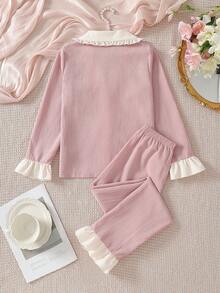 2pcs Tween Girls Elegant Ruffle Trim Floral Print Pants And Long Sleeve Top Pajama Set, Summer Two Piece Sleepwear Set Pajamas Set Two Piece Tween Girls Pink Woven Fabric Pajama Set With Ruffled Lapel Collar And Long Sleeves Cute Two Piece Sleepwear - Pink - View 2
