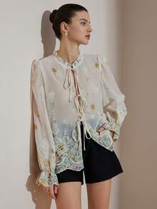 Aveloria Rosie French Style Embroidered Tie Front Long Sleeve Blouse - Multicolor - View 4