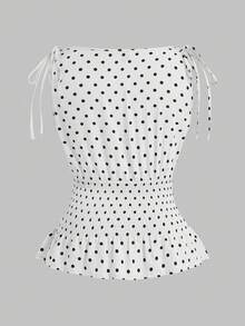 Sweetra Camiseta sin mangas con volantes en el bajo y lazos en los hombros con estampado de lunares para tallas grandes - Blanco - Ver 2