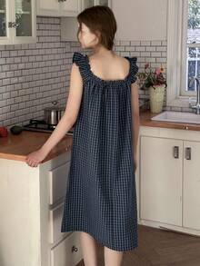 DAZY Teen Girls' Comfortable Plaid Print Bow Decor Nightgown For Everyday Wear Spring - Navy Blue - View 8