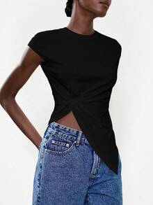 Lumivelle Camiseta blanca elegante y minimalista para mujer, adecuada para el uso diario, de moda y versátil - Negro - Ver 5