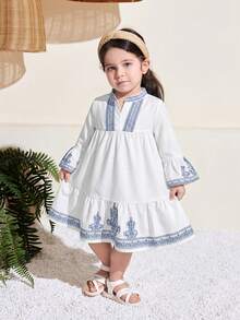 SHEIN Baby Girls' Minimalist Print Long Sleeve Dress - Blue and White - View 4