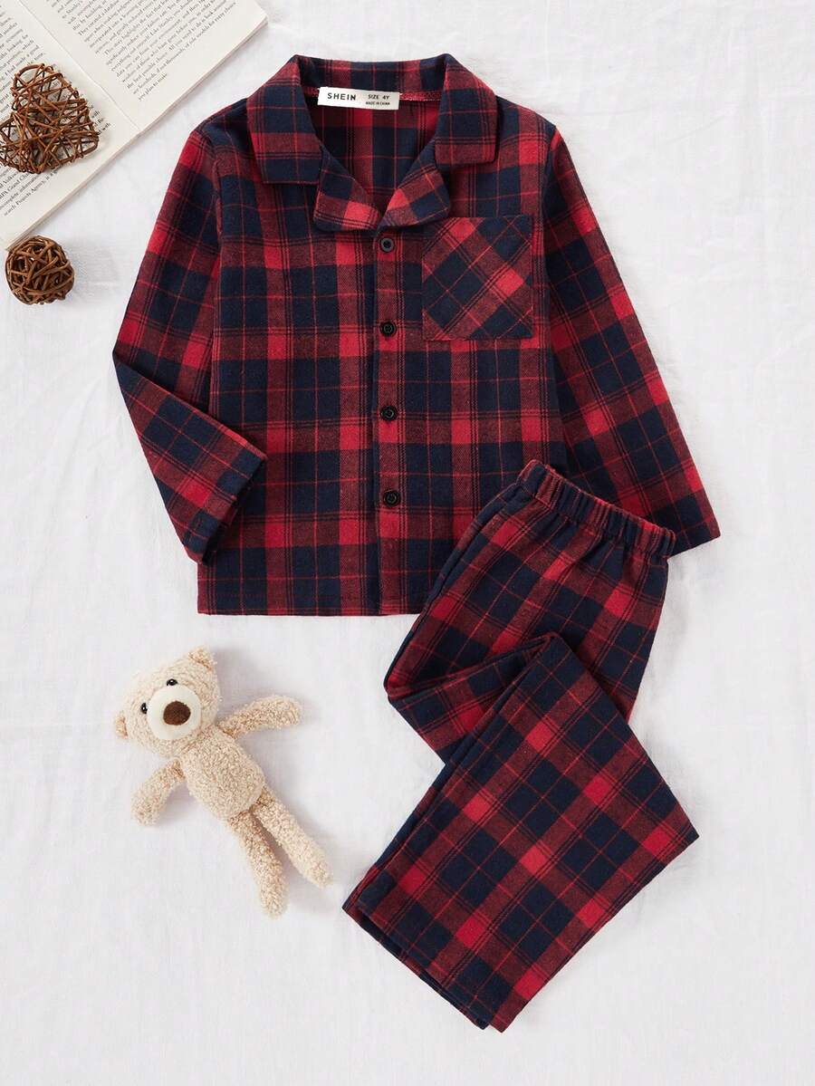 2 件套年轻男孩经典格子衬衫和裤子套装，休闲家居服 - 紅色 - 查看 1