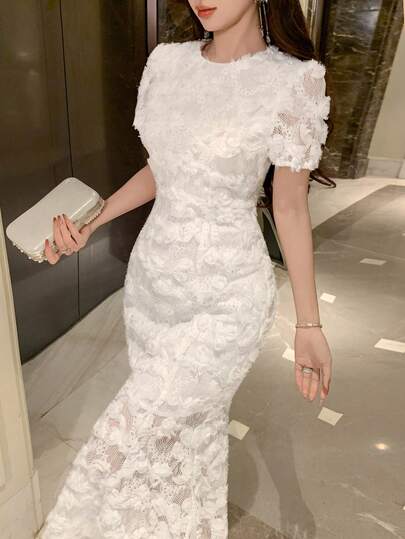 DAZY Mid-Length Dress, Unique French Style 3D Floral Lace Long Dress For Women Maxi Dress