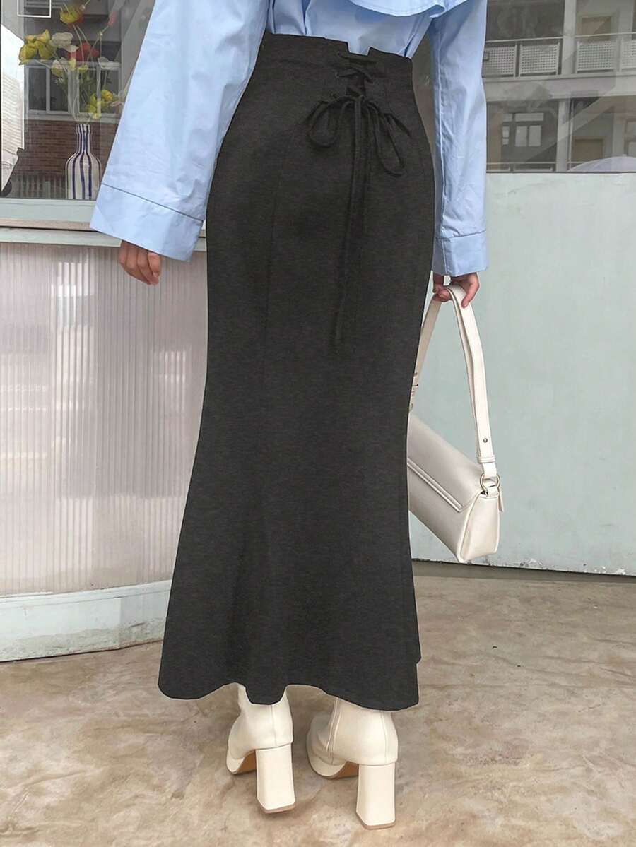 DAZY Rok Midi Minimalis Warna Polos untuk Wanita, Cocok untuk Pakaian Sehari-hari - Grey - View 1