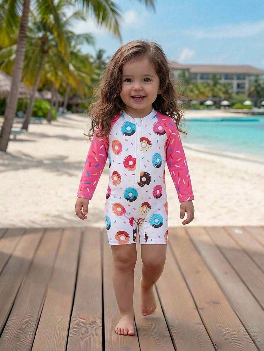SHEIN 女婴修身休闲简约舒适甜甜圈印花泳衣 - 彩色 - 查看 1