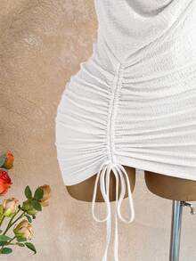 Soleia Women's Solid Color Plunging Neck Metal Decor Sexy Halter Mini Dress, Vacation - White - View 4