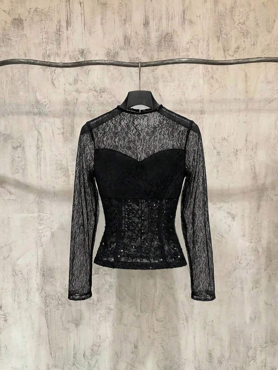 BELROSIE Damen Spitze, perlenbestickte, gestrickte Stehkragen Raglan Langarm figurbetonte halb-transparente elegante Crop Top für Date Nights - Schwarz - Übersicht 1