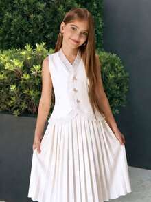 Tween Girls French + Preppy Style White Sleeveless Vest + Pleated Skirt 2 Pieces Set - White - View 7