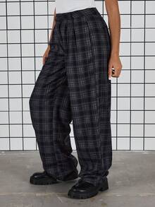 COUREZ Low Rise Mid Balloon Tailored Check Trousers /Y2K Spring Clothes For Women - Blue - View 4