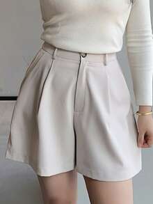 Dazy Plus Quần short nữ cỡ lớn, màu trơn, dáng suông, chất liệu giả da, thích hợp cho mùa thu/đông. - Màu be - Xem 3