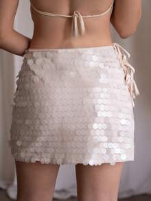 Andrea Bello 夏季女士纯色亮片短裙，适合派对、俱乐部性感、音乐会等场合，女士亮片迷你裙 - 白色 - 查看 3