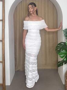 Andrea Bello Knitted Lace Off Shoulder Form-Fitting Fish Tail Dress For Women - White - View 1