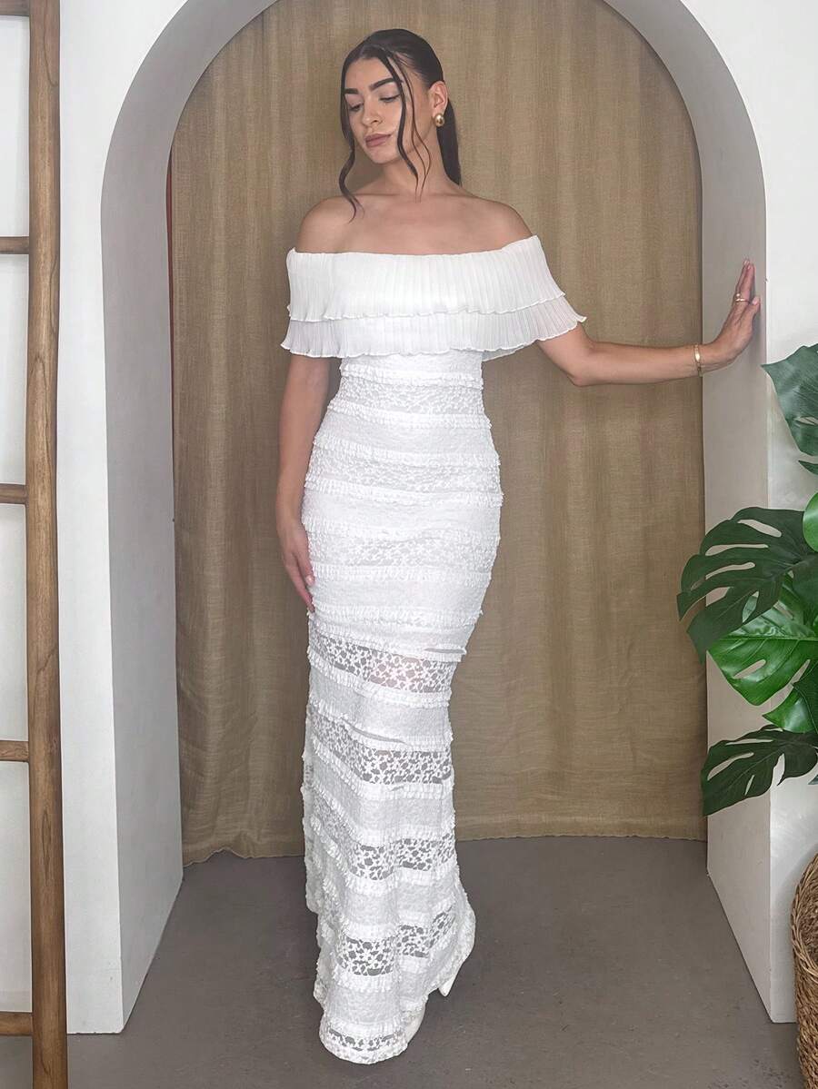 Andrea Bello Knitted Lace Off Shoulder Form-Fitting Fish Tail Dress For Women - White - View 1