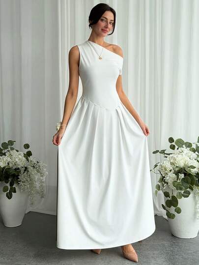 Aloruh Women's Elegant Party Banquet Asymmetrical Neck Pleated Hem Waist Cinched Long Dress