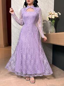 Modelyn Women's Elegant Contrast Lace Cutout Waist Bodycon Party Dress - Purple - View 5