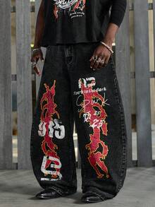 NEON BLANC Men's Letter Print Patch Pocket Loose Fit Flared Leg Jeans - Black - View 2