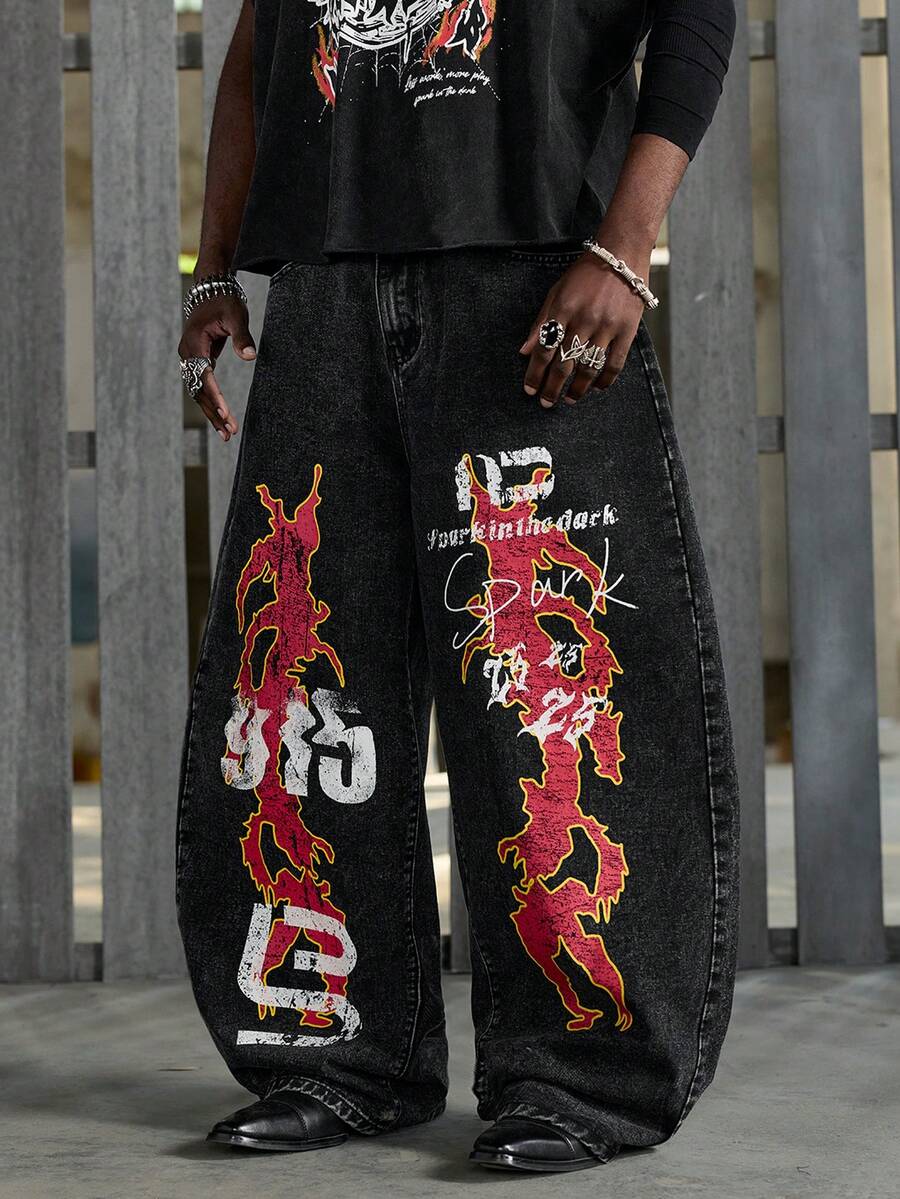 NEON BLANC Men's Letter Print Patch Pocket Loose Fit Flared Leg Jeans - Black - View 1