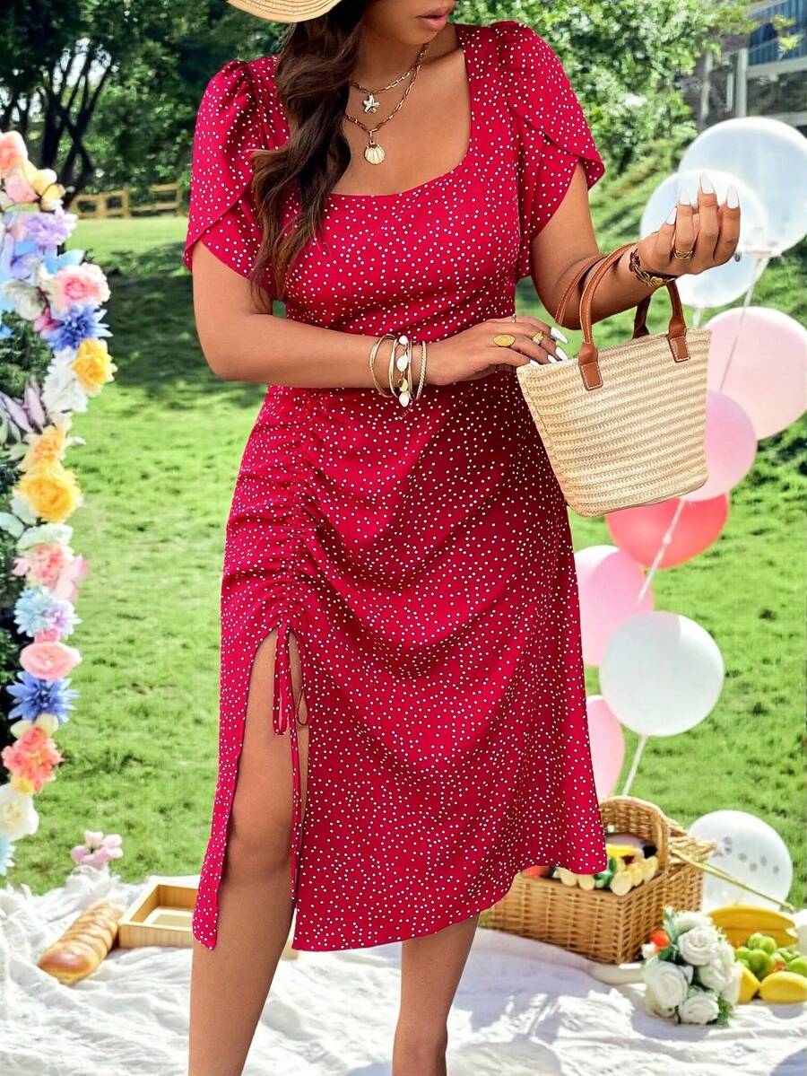 Celure Plus Size Colorful Polka Dot V-Neck Short Sleeve Ruched Hem Slit Dress, Elegant For Vacation, Commute - Red - View 1